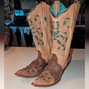 CORAL VINTAGE COWBOY BOOTS BROWN CUT OUTS TURQUOISE WOMENS 9 M LEATHER SNIP TOE